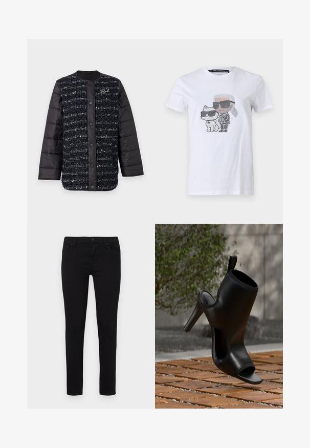 Sort og marineblå polstret jakke med en tekstureret stoffront, der har en knaplukning og logo-broderi. Glatte ærmer og nederkant.; Hvid bomuld T-shirt med et grafisk design, der viser en karakter og en kat iført solbriller, accentueret med sorte og grå detaljer.; Sorte slim fit jeans lavet af en bomuldsblandingsstof, med en frontlukning med knap og lynlås, fem lommer og en glat overflade.; Sort højhælet mule-sko med åben tå og udskæringer på siderne, vist udendørs på trælameller med sløret grønt løv i baggrunden.