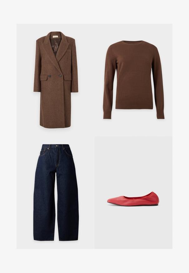 Manteau en laine marron à double boutonnage avec un revers cranté, deux poches avant et boutons noirs, doté d'une doublure intérieure lisse.; Pull marron à manches longues, col rond, avec poignets et ourlet côtelés, présenté sur un fond clair uni.; Jean en denim bleu foncé à jambes larges avec poches avant, passants de ceinture, bouton et coutures orange visibles sur un fond uni.; Filippa K REY FLATS - Ballerines - bright red