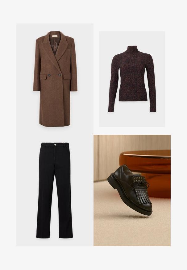 Manteau en laine marron à double boutonnage avec un revers cranté, deux poches avant et boutons noirs, doté d'une doublure intérieure lisse.; Haut à manches longues et col montant avec motif léopard marron foncé et noir sur fond uni.; Pantalon noir droit avec fermeture par boutons et passants de ceinture, présenté sur un fond clair uni.; Chaussure en cuir noire à lacets avec franges décoratives et clous métalliques posée sur un tapis beige près d'un meuble marron.