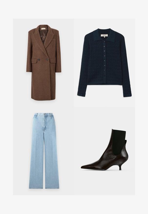 Manteau en laine marron à double boutonnage avec un revers cranté, deux poches avant et boutons noirs, doté d'une doublure intérieure lisse.; Cardigan en maille bleu marine avec un motif texturé, une fermeture à boutons à l'avant et un col contrastant. Il est doté de manches longues et d'une finition côtelée.; Jeans larges bleu clair en denim avec une taille haute, comprenant cinq passants de ceinture, une fermeture à bouton à l'avant et des coutures cousues.; Bottine marron foncé pointue avec motif texturé, petit talon incurvé et empiècement latéral élastique noir, présentée sur fond blanc.