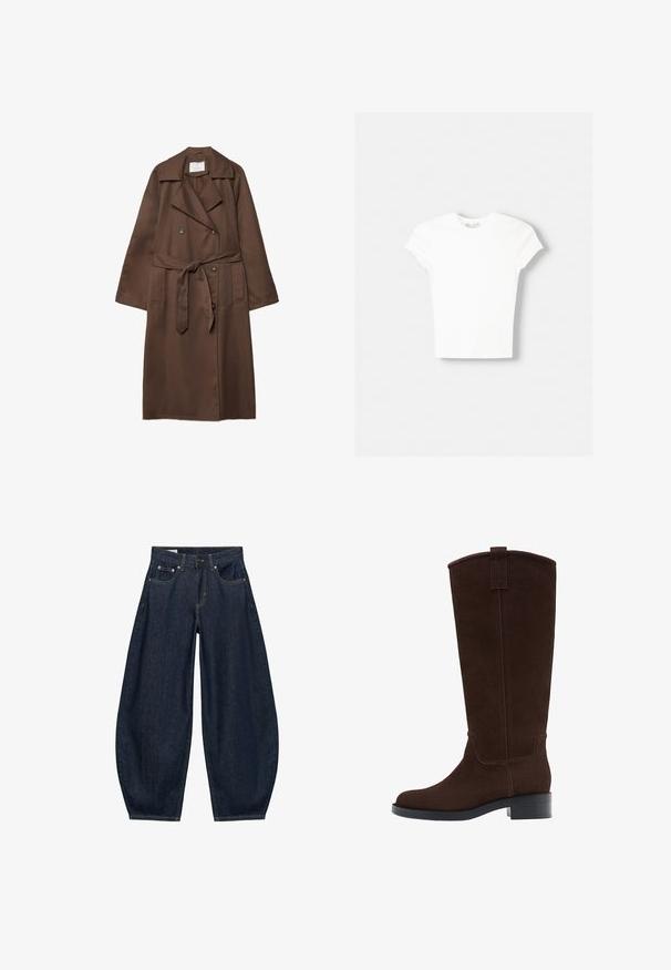 Manteau trench brun avec un design à double boutonnage, grand col, manches longues, ceinture à la taille et deux poches avant. Texture de tissu lisse.; T-shirt blanc à manches courtes en coton doux, avec un col rond et une coupe ajustée. Pas de motifs ni d'ornements visibles.; Jean en denim bleu foncé à jambes larges avec poches avant, passants de ceinture et fermeture par bouton à la taille.; Botte haute en daim marron foncé avec un petit talon empilé et un bout arrondi, équipée d'une lanière au sommet de la tige.