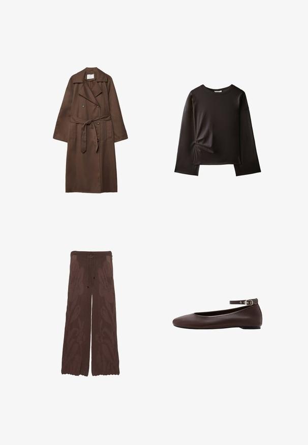 Manteau trench brun avec un design à double boutonnage, grand col, manches longues, ceinture à la taille et deux poches avant. Texture de tissu lisse.; Chemise noire à manches longues avec un col rond et un petit détail froncé sur le côté gauche près de la taille.; Pantalon en maille marron à jambes larges et taille à cordon, présentant un motif floral en relief sur chaque jambe.; Chaussure plate marron foncé avec bout arrondi et bride de cheville réglable avec boucle argentée sur fond blanc.
