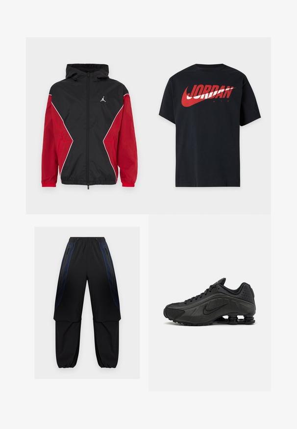 Veste coupe-vent noire et rouge avec capuche, fermeture éclair à l'avant, accents blancs et petit logo sur la poitrine. Tissu doux et léger.; T-shirt noir à manches courtes avec un grand logo Jordan Air rouge et blanc sur la poitrine.; Pantalon cargo noir et bleu foncé avec taille et poignets élastiques, doté de poches latérales zippées et de panneaux en tissu superposés sur les cuisses.; Baskets de course noires avec une tige en synthétique lisse, des accents perforés, des panneaux latéraux texturés et une semelle distincte et rebondissante.