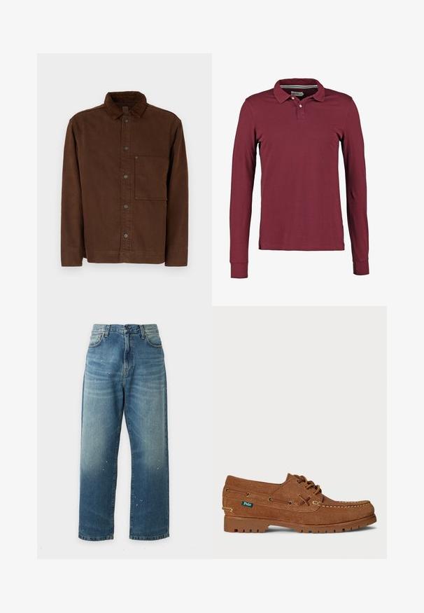 Brun knapjakke i bomuldsstof, med krave, lange ærmer, forlommer og brune knapper. Glat tekstur med ensfarvet design.; Langærmet polo skjorte i burgundy med klassisk krave, to-knap lukning og slidser i siden for bedre bevægelse. Glat bomuldsstof.; Blå straight-leg cowboybukser med let falmet og små hvide malerprikker, forreste knap og lommedetaljer synlige.; Brune ruskinds bådsko med snørelukning, moc toe-syninger, gummisål og "Polo"-label på siden.