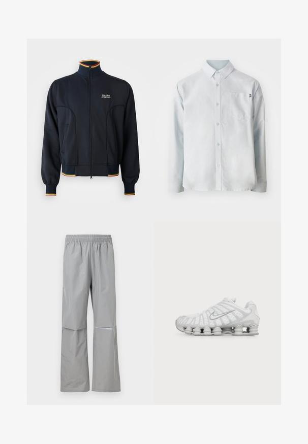 Schwarze Zip-Jacke mit hohem Kragen, mit gerippten Bündchen und Saum sowie mehrfarbigen Akzenten in Rot, Gelb und Grün. Logo auf der Brust.; New Balance OXFORD - Hemd - blue; Hellgraue wasserdichte Regenhose mit elastischem Bund und reflektierendem Streifen am rechten Bein, für den Außeneinsatz konzipiert.; Weißer Nike Laufschuh mit sichtbarer luftgepolsterter Sohle und silbernem Swoosh-Logo an der Seite, von der Außenseite gezeigt.