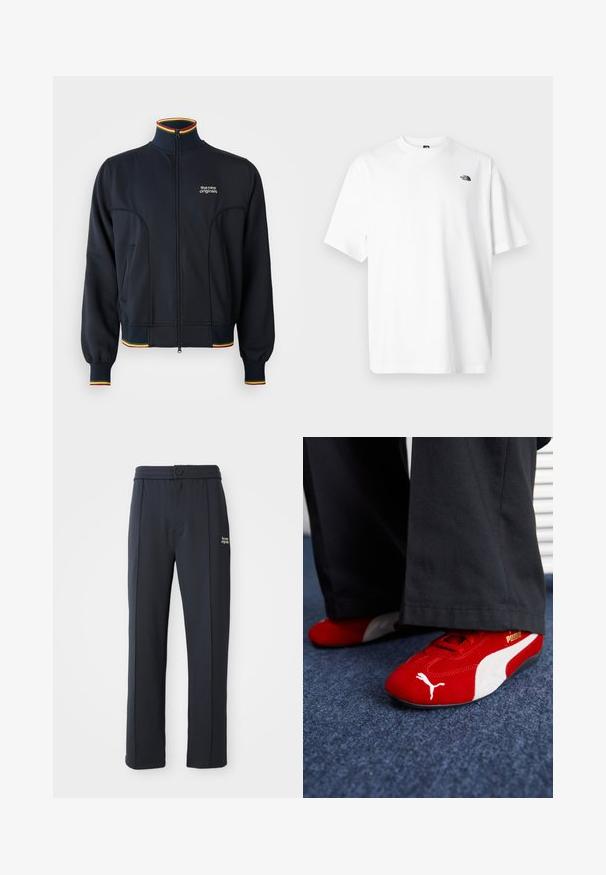 Sort zip-jakke med høj krave, med ribbede manchetter og kant, samt flerfarvet kant i rød, gul og grøn. Logo på brystet.; Hvid bomuld t-shirt med korte ærmer, V-udskæring, med en lille sort logo på øverste venstre side. Blød tekstur, afslappet pasform.; Sorte lige ben bukser med elastisk talje, knaplukning, syninger og lille hvid "the new originals" logo på venstre lår.; Røde ruskindsnikers med hvide accenter, der har struktureret materiale, rund tå og et guld logo på siden, båret med sorte bukser.