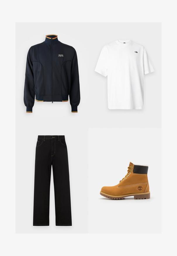 Sort zip-jakke med høj krave, med ribbede manchetter og kant, samt flerfarvet kant i rød, gul og grøn. Logo på brystet.; Hvid bomuld t-shirt med korte ærmer, V-udskæring, med en lille sort logo på øverste venstre side. Blød tekstur, afslappet pasform.; Sorte denimbukser med lige pasform, der har frontlommer, kontrastgule syninger og en knaplukning i taljen.; Brune læder ankelstøvle med metaløjer, hvid pelsforing, sort polstret krave, robust sål og præget logo på siden.