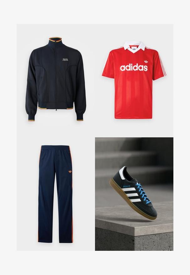 Chaqueta negra con cremallera y cuello alto, con puños y dobladillo acanalados, y ribetes multicolores en rojo, amarillo y verde. Logo en el pecho.; Camiseta deportiva roja de Adidas con cuello blanco, tres rayas blancas en las mangas y el logo de Adidas centrado en el pecho.; Pantalones deportivos azul marino con franjas laterales naranjas, cintura elástica, bolsillos frontales con cremallera y un pequeño logo naranja de Adidas en el muslo.; Zapatilla negra Adidas con franjas blancas, cordones azules y suela de goma flotando sobre un escalón de hormigón gris con luz suave.