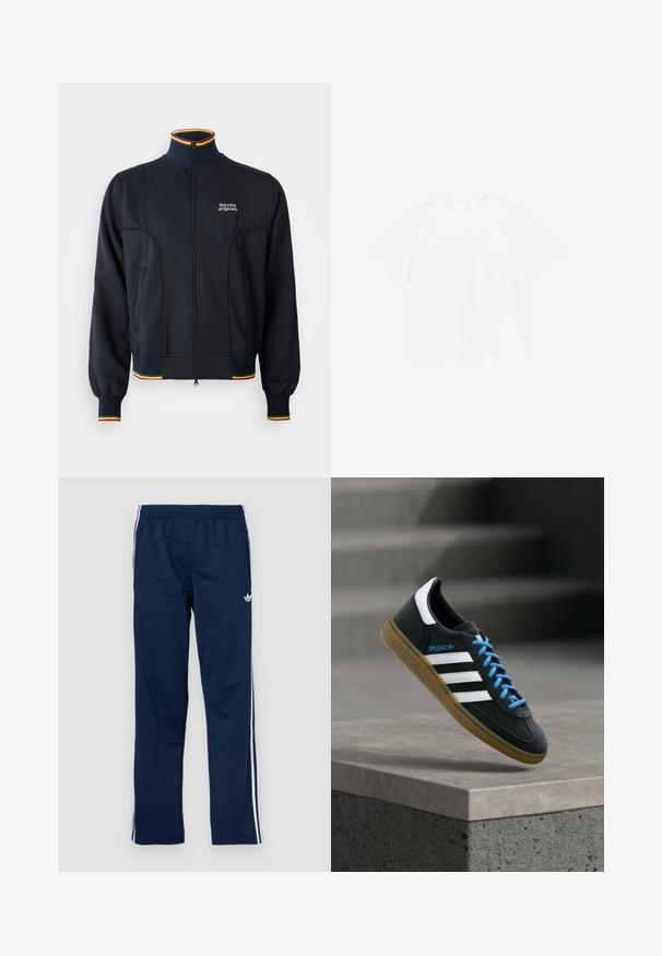 Sort zip-jakke med høj krave, med ribbede manchetter og kant, samt flerfarvet kant i rød, gul og grøn. Logo på brystet.; Kortærmet crewneck t-shirt i ensfarvet hvid bomuld. Standard pasform med et simpelt design og ingen synlige mønstre eller accenter.; Marineblå træningsbukser med elastisk linning, hvide sidelister og broderet logo på venstre lår. Glat stoftekstur.; Sort Adidas sneaker med hvide striber, blå snørebånd og gummisål, der svæver over gråt betontrin i blødt lys.