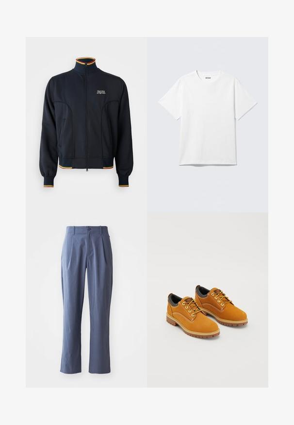 Sort zip-jakke med høj krave, med ribbede manchetter og kant, samt flerfarvet kant i rød, gul og grøn. Logo på brystet.; Hvid kortærmet crewneck T-shirt lagt fladt ud, ensfarvet design, med "WEEKDAY" mærkat inde i kraven på en lys baggrund.; Mørkeblå bukser med læg, lige snit, lavet af letvægtsstof, med en enkelt frontknaplukning og bæltestropper.; Brune ruskindssko med rund tå, gule snørebånd, en polstret sort krave og gummisåler med skridsikre riller.
