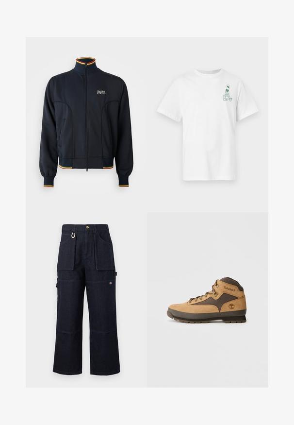 Sort zip-jakke med høj krave, med ribbede manchetter og kant, samt flerfarvet kant i rød, gul og grøn. Logo på brystet.; Hvid T-shirt med korte ærmer og lille grøn rumvæsen-grafik, der bærer tasker, på venstre brystområde.; Mørkeblå vidde bukser i denim til arbejde med store lommer foran og på siden, knaplukning og lille logopatch på låret.; Brune ruskind vandrestøvle med mørkebrune accenter, metaløjer og sål med godt greb. Timberland-logo præget på siden. Mellemhøj design.