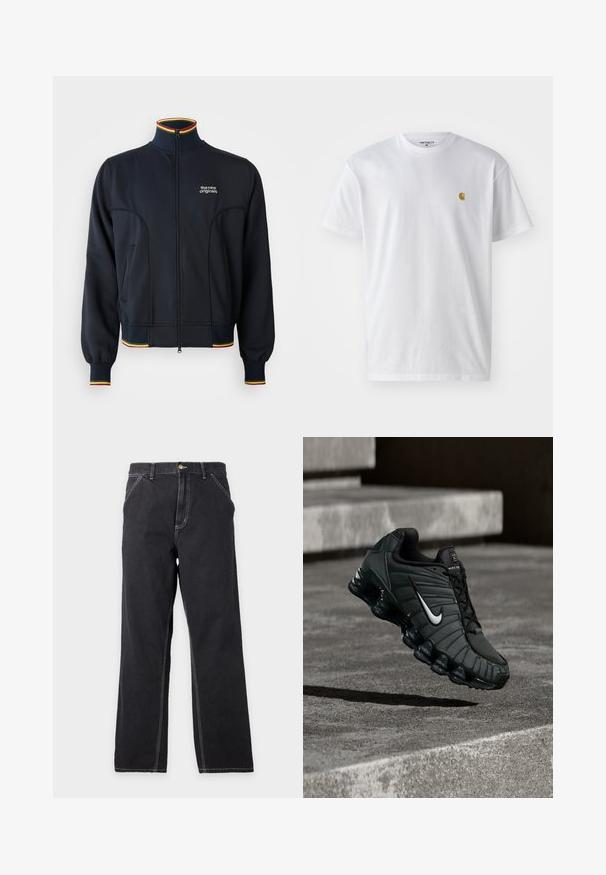 Sort zip-jakke med høj krave, med ribbede manchetter og kant, samt flerfarvet kant i rød, gul og grøn. Logo på brystet.; Hvid bomulds t-shirt med korte ærmer, rund hals og et lille guld logo på venstre brystområde. Blød tekstur og almindelig pasform.; Sorte jeans med lige ben, forlommer, bæltestropper og synlige hvide syninger på en ensfarvet lys grå baggrund.; Nike sportsko i mørkegrøn, med en glat syntetisk overdel, mesh-struktur, sorte snørebånd og en blank sål med air-dæmpning.