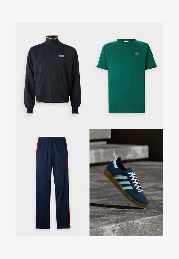 Čierna bunda na zips s vysokým golierom, s rebrovanými manžetami a lemom, a viacfarebným dekorom v červenej, žltej a zelenej farbe. Logo na hrudi.; Zelené tričko Adidas s krátkym rukávom a okrúhlym výstrihom, zlatým logom trelej lístka na hrudi a bielymi pruhmi so zelenými okrajmi na ramenách.; Námornícky modré športové nohavice s červenými pruhmi na bokoch, elastickým pásom, vreckami so zipsom a červeným logom Adidas trefoil na ľavom stehne.; Modré tenisky Adidas Spezial s bielymi pruhmi a šnúrkami, gumovou podrážkou, plávajúce nad drsným betónovým povrchom a schodmi v pozadí.