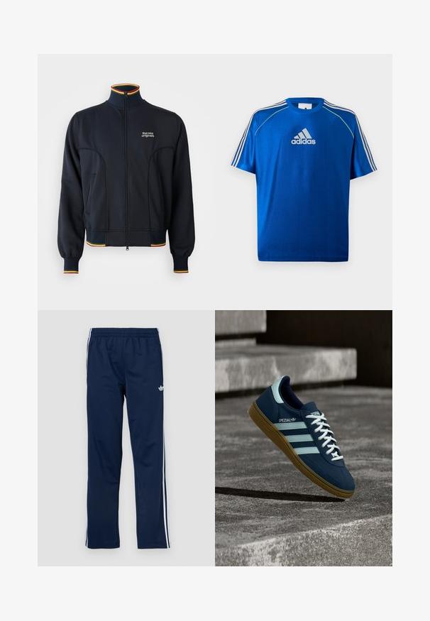 Čierna bunda na zips s vysokým golierom, s rebrovanými manžetami a lemom, a viacfarebným dekorom v červenej, žltej a zelenej farbe. Logo na hrudi.; Modré športové tričko Adidas s bielym logom na hrudi, bielymi pruhmi na ramenách a neónovo žltým lemovaním na švových ramenách.; Tmavomodré športové nohavice s elastickým pásom, bielymi pruhmi na bokoch a vyšívaným logom na ľavom stehne. Hladká textúra látky.; Modré tenisky Adidas Spezial s bielymi pruhmi a šnúrkami, gumovou podrážkou, plávajúce nad drsným betónovým povrchom a schodmi v pozadí.
