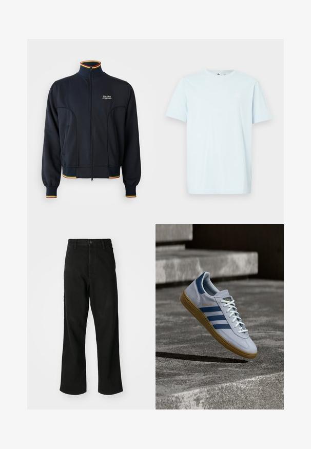 Sort zip-jakke med høj krave, med ribbede manchetter og kant, samt flerfarvet kant i rød, gul og grøn. Logo på brystet.; Lyseblå bomuldst-shirt med korte ærmer, rund halsudskæring og en lille hvid logo på øverste venstre side af brystet. Blød tekstur, afslappet pasform.; Sort lige ben jeans med knaplukning, bæltestropper og forlommer på en ensfarvet hvid baggrund.; Lyseblå Adidas Spezial sneakers med marineblå striber og gummisål, vist i luften over betontrapper i et neutralt udendørsmiljø.