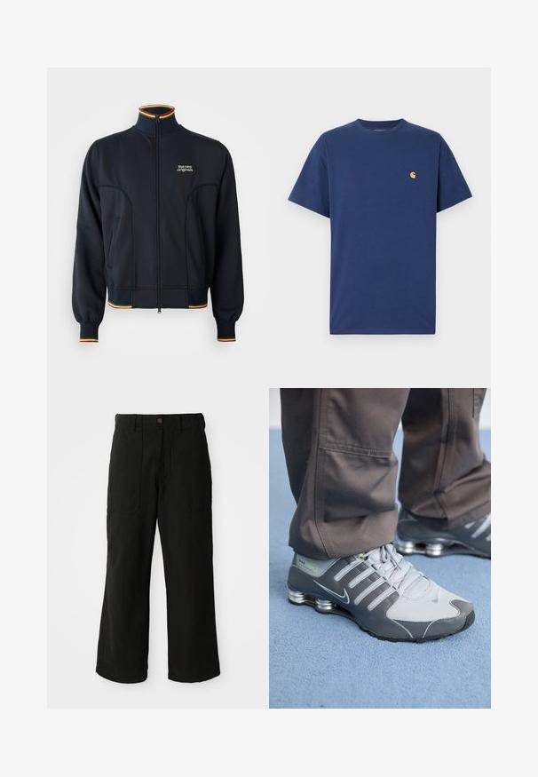 Schwarze Zip-Jacke mit hohem Kragen, mit gerippten Bündchen und Saum sowie mehrfarbigen Akzenten in Rot, Gelb und Grün. Logo auf der Brust.; Navyblaue Baumwoll-T-Shirt mit kurzen Ärmeln, Rundhalsausschnitt und einem kleinen gelben Logo auf der linken Brust. Glatte Textur, lockere Passform.; Schwarze weit geschnittene Hose aus weichem Stoff, mit Fronttaschen und einem Knopfverschluss an der Taille. Minimalistisches Design ohne sichtbare Muster.; Graue und silberne Nike Shox Sneakers zeichnen sich durch ein schlankes Design aus, mit Netz- und Synthetikmaterialien, einer abgerundeten Zehenpartie und einem gepolsterten Schuhkragen.