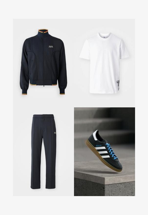 Chaqueta negra con cremallera y cuello alto, con puños y dobladillo acanalados, y ribetes multicolores en rojo, amarillo y verde. Logo en el pecho.; Camiseta de algodón blanca de manga corta, con cuello redondo y un parche del logo de Adidas en negro en la parte inferior izquierda. Textura suave.; Pantalones rectos negros con cintura elástica, cierre de botón, detalles de costura y pequeño logo blanco "the new originals" en el muslo izquierdo.; Zapatilla negra Adidas con franjas blancas, cordones azules y suela de goma flotando sobre un escalón de hormigón gris con luz suave.