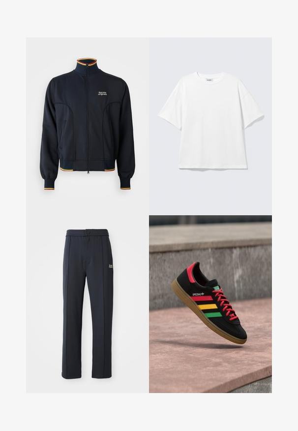 Sort zip-jakke med høj krave, med ribbede manchetter og kant, samt flerfarvet kant i rød, gul og grøn. Logo på brystet.; Hvid oversized t-shirt med korte ærmer og rund halsudskæring med sænkede skuldre, fladt lagt på lys grå baggrund.; Sorte lige ben bukser med elastisk talje, knaplukning, syninger og lille hvid "the new originals" logo på venstre lår.; Sort Adidas Spezial-sneaker med røde, gule og grønne striber, røde snørebånd, gummisål og rødt hældetalje, vist svævende over fortovet.
