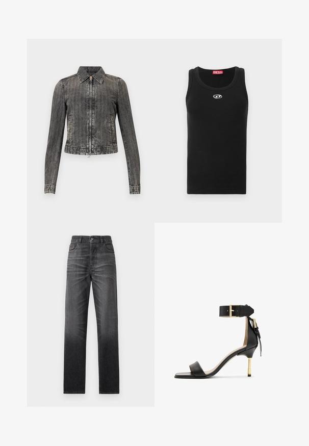 Denimjakke i falmet sort med lynlås foran, spidse krave og to sidelommer; har lodret stribet tekstur og en cropped pasform.; Sort tanktop lavet af bomuldsstof med rund halsudskæring, ærmeløs design og lille hvidt logo på brystområdet.; Sorte jeans i denim med lige snit, fem-lommer-design og subtil falmning. Har knaplukning og et broderet logo på lommen.; Sort læder hæl sandal med firkantet tå, ankelrem med en guldbuckle og en slank metallisk hæl. Glat tekstur, minimalistisk design.