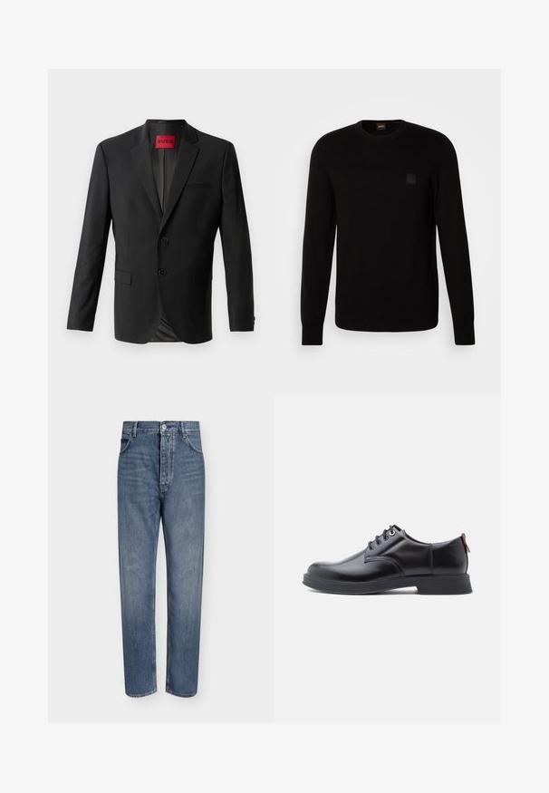 Zwarte blazer gemaakt van gladde stof, met twee knopen aan de voorkant, inspringende revers en een enkele borstzak. Label zichtbaar in de kraag.; Zwarte gebreide trui met lange mouwen, ronde hals en een klein gewafeld logo-opdruk op de borst. Voelt glad aan aan de hele trui.; Blauwe denim jeans met rechte pijpen, hoge taille, knoopsluiting aan de voorkant en vijfzakkenontwerp op een effen lichte achtergrond.; Zwarte leren veter schoenen met een gladde textuur, ronde neus en subtiel stiksel detail. Voorzien van een rode trekband op de hiel.
