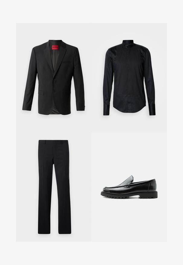 Blazer negro hecho de tela suave, con dos botones frontales, solapas con muesca y un bolsillo en el pecho. Etiqueta visible en el interior del cuello.; Camisa negra de manga larga con cuello mao, panel frontal con rayas verticales y textura suave. Completa con cierres de botón.; Pantalones negros ajustados con un diseño de pierna recta, pliegues marcados y un acabado suave. Fabricados en tejido ligero con una cintura limpia.; Mocasín de cuero negro con suela de goma gruesa, empeine cosido y nombre de la marca en relieve en el talón, mostrado en perfil lateral sobre fondo blanco.