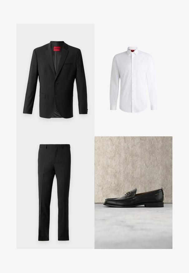 Sort blazer lavet af glat stof, med to frontknapper, spidse klapper og en enkelt brystlomme. Etiket synlig inde i kraven.; Hvid skjorte med knapper lavet af glat stof med klassisk krave, lange ærmer og rundet kant. Har beige knapper foran.; Sorte bukser med en skræddersyet pasform, der har en flad front, to pressefolder, bæltestropper og en glat overflade. Ingen synlige mønstre eller beslag.; Sort læderloafers med guldfarvet metaldekoration og "HUGO" branding, vist mod en beige tæppe og brunt gennemsigtigt møbel.