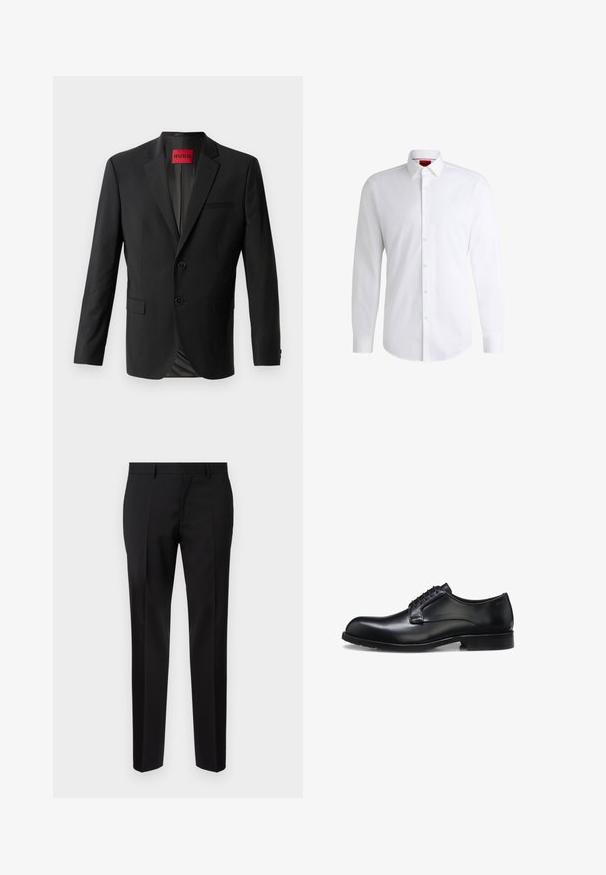 Blazer negro hecho de tela suave, con dos botones frontales, solapas con muesca y un bolsillo en el pecho. Etiqueta visible en el interior del cuello.; Camisa blanca de botones, confeccionada en tela suave, con collar clásico, mangas largas y dobladillo curvado. Presenta botones beige en la parte delantera.; Pantalones negros de corte ajustado, hechos de una tela suave, con pernera recta, detalles de pinzas refinadas y una cinturilla clásica con ojales para cinturón.; Zapato de vestir para hombre de cuero negro pulido con cordones cerrados, tacón bajo y detalle sutil de marca cerca del talón sobre un fondo blanco.