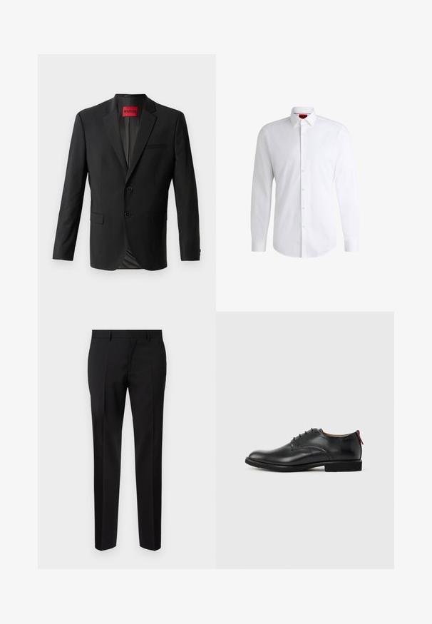 Zwarte blazer gemaakt van gladde stof, met twee knopen aan de voorkant, inspringende revers en een enkele borstzak. Label zichtbaar in de kraag.; Witte overhemden van soepel materiaal met een klassieke kraag, lange mouwen en een afgeronde zoom. Voorzien van beige knopen aan de voorkant.; Zwarte op maat gemaakte broeken van een gladde stof, met een rechte pijp, verfijnde plooidetails en een klassieke tailleband met riemlussen.; Zwarte leren herenschoen met vetersluiting en rood trekfolie op de hiel tegen een effen achtergrond.