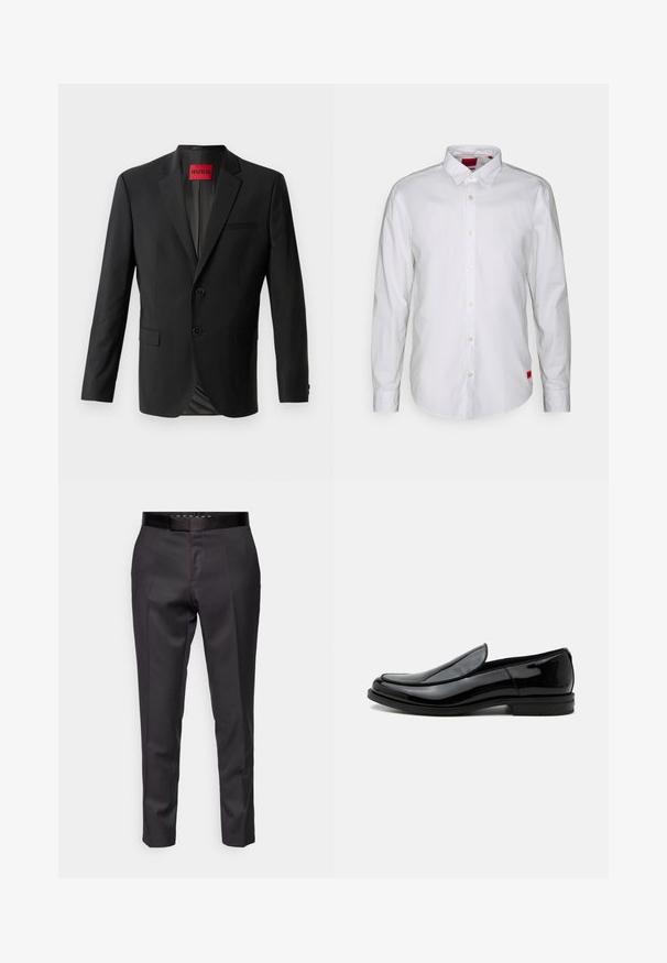 Zwarte blazer gemaakt van gladde stof, met twee knopen aan de voorkant, inspringende revers en een enkele borstzak. Label zichtbaar in de kraag.; Witte long-sleeve shirt met een button-down kraag, gemaakt van lichtgewicht stof. Heeft een subtiele merketiket in het rood aan de onderzijde.; Op maat gemaakte zwarte broek met een gladde textuur, taps toelopende pijpen en een slanke tailleband. Heeft voorplooien en een minimalistisch ontwerp.; Zwarte glanzende leren instapschoenen met lage hak en afgeronde neus, zijaanzicht op een witte achtergrond.