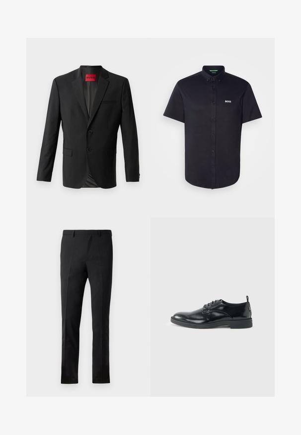 Blazer negro hecho de tela suave, con dos botones frontales, solapas con muesca y un bolsillo en el pecho. Etiqueta visible en el interior del cuello.; Camisa negra de manga corta con botones, hecha de algodón, con cuello clásico, corte regular y un logo blanco "BOSS" bordado en el pecho.; Pantalones negros con un corte ajustado, que presentan un frente plano, dos pliegues, pasadores para cinturón y una textura suave. Sin patrones ni accesorios visibles.; Zapato de vestir negro de cuero brillante con tacón bajo, cierre de cordones y puntera redonda, mostrado de lado sobre un fondo claro y liso.
