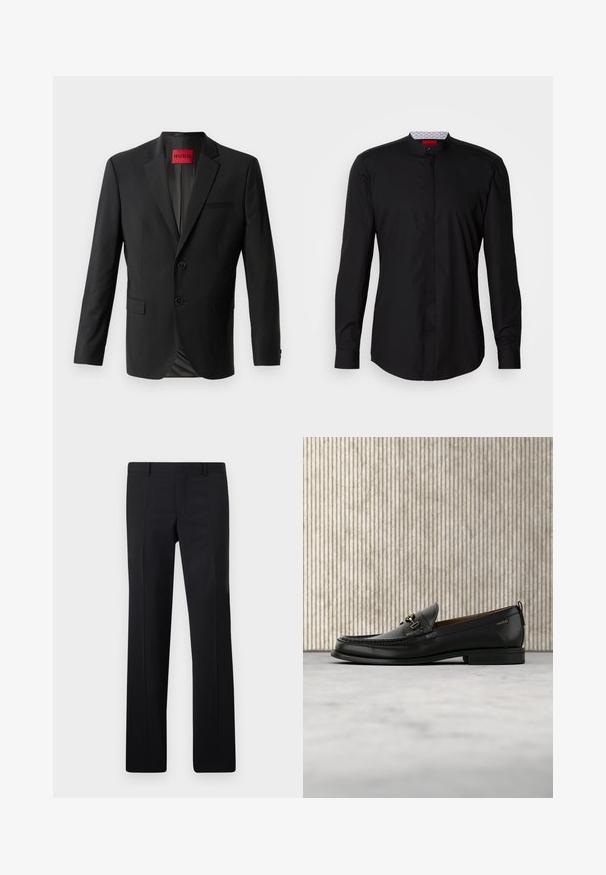 Blazer negro hecho de tela suave, con dos botones frontales, solapas con muesca y un bolsillo en el pecho. Etiqueta visible en el interior del cuello.; Camisa negra de manga larga con cuello mandarín, confeccionada en una tela suave, con cierre de botones en la parte delantera y detalles de diseño sutiles.; Pantalones negros ajustados con un diseño de pierna recta, pliegues marcados y un acabado suave. Fabricados en tejido ligero con una cintura limpia.; Mocasín de cuero negro con pieza metálica dorada y logotipo "HUGO", exhibido sobre una alfombra beige y muebles translúcidos marrones.
