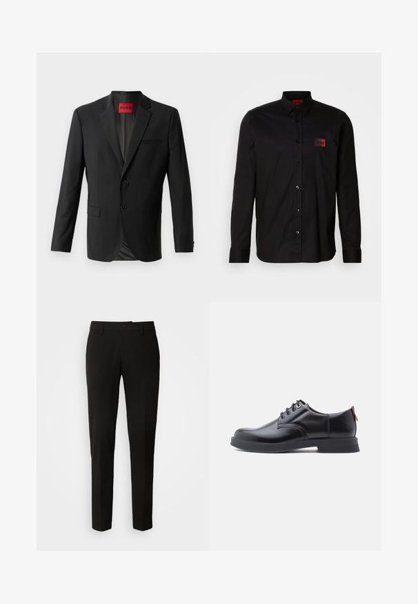 Schwarzer Blazer aus glattem Stoff, mit zwei vorderen Knöpfen, eingeklappten Revers und einer einzelnen Brusttasche. Etikett innen im Kragen sichtbar.; Schwarzes Langarmshirt aus glattem Stoff, mit Knopfverschluss, klassischem Kragen und einem kleinen roten Markenpatch auf der Brust.; Schwarze Hose mit geradem Beinschnitt, ausgestattet mit einem Knopfverschluss, Gürtelschlaufen und glattem Stoff. Keine sichtbaren Muster oder Akzente.; Schwarze Leder-Schnürschuhe mit glatter Textur, rundem Zehenbereich und dezenten Ziernähten. Mit einem roten Laschenband an der Ferse.