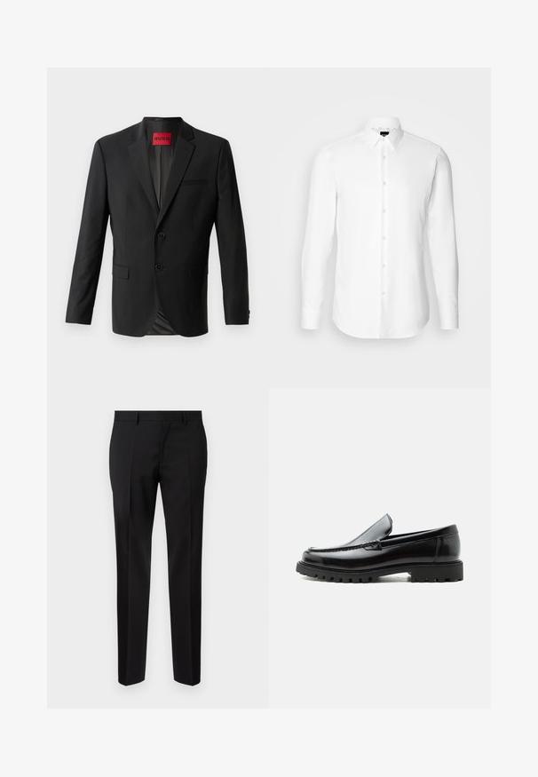 Sort blazer lavet af glat stof, med to frontknapper, spidse klapper og en enkelt brystlomme. Etiket synlig inde i kraven.; Hvid skjorte med lange ærmer, knaplukning foran, klassisk krave, lavet af glat stof med en subtil tekstur, designet til et tætsiddende udseende.; Sorte skræddersyede bukser lavet af glat stof, med lige ben, raffinerede folder og en klassisk talje med bæltestropper.; Sort læderloafer med chunky gummisål, syet overdel og præget mærkenavn på hælen, vist i sideprofil på hvid baggrund.