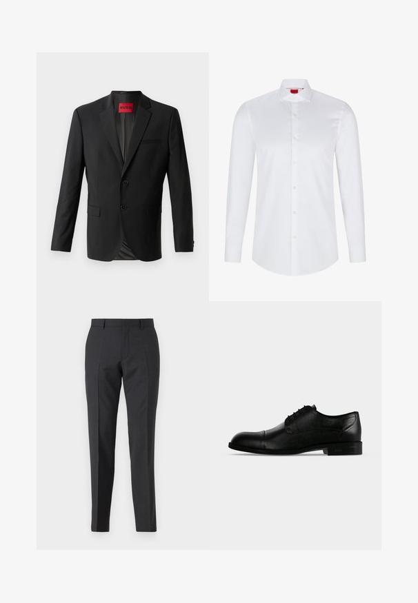 Zwarte blazer gemaakt van gladde stof, met twee knopen aan de voorkant, inspringende revers en een enkele borstzak. Label zichtbaar in de kraag.; Witte lange mouwen knoopsluiting shirt gemaakt van soepel katoen. Beschikt over een klassieke kraag, volledige knoopsluiting en afgeronde zoom.; Donkergrijze op maat gemaakte broek met een rechte pasvorm, voorzien van zijzakken en een subtiele textuur. De sluitingen bestaan uit een ritssluiting en ceintuurlussen.; Zwarte leren formele herenschoen Oxford met gesloten vetersluiting, kapneus en lage gestapelde hak, gezien vanaf de buitenkant.
