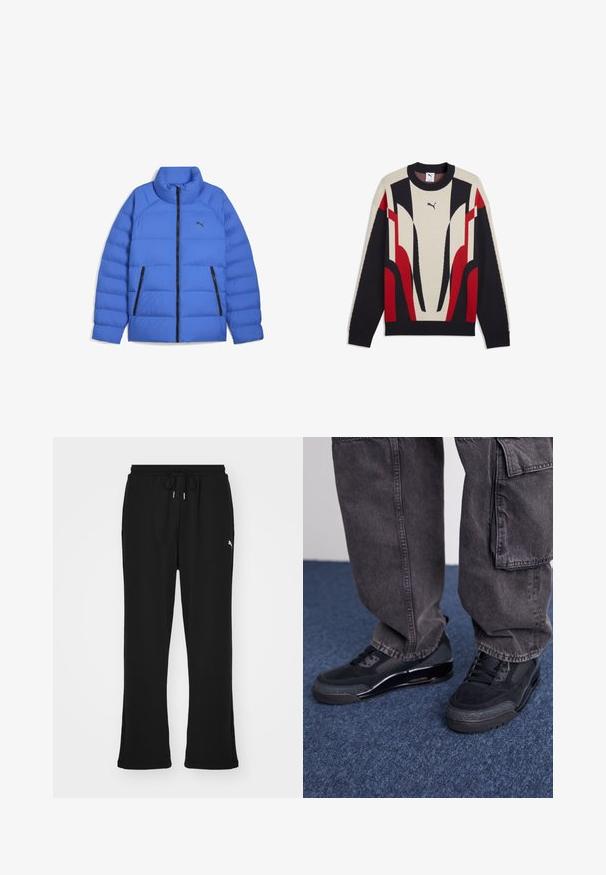Doudoune bleue avec col montant, fermeture éclair noire, poches zippées sur les côtés et logo Puma sur la poitrine gauche.; Sweat-shirt Puma à manches longues avec col rond, présentant des motifs géométriques abstraits beige, noir et rouge sur le devant et les manches.; Pantalons de survêtement noirs avec taille élastique et cordon de serrage, dotés de poches latérales et d'un logo discret sur la jambe gauche. Tissu doux, forme évasée.; Des chaussures de sport noires avec une surface texturée, des accents lisses et une semelle épaisse, accompagnées de pantalons cargo larges et foncés.