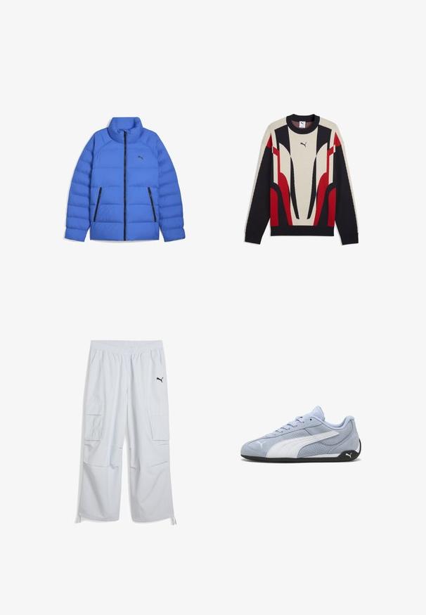 Blauwe pufferjack met opstaande kraag, zwarte ritssluiting, zijzakken met rits en Puma-logo op de linkerborst.; Puma sweater met lange mouwen en ronde hals, voorzien van beige, zwarte en rode abstracte geometrische patronen op de voorkant en mouwen.; Lichtgrijze cargobroek met een elastische tailleband, twee zijzakken en een zwart logo op het linkerbeen; gemaakt van een lichtgewicht stof.; Lichtblauwe suède sneaker met witte accenten, geperforeerde structuur en zwarte rubberen zool. Voorzien van veters en een logo aan de zijkant.