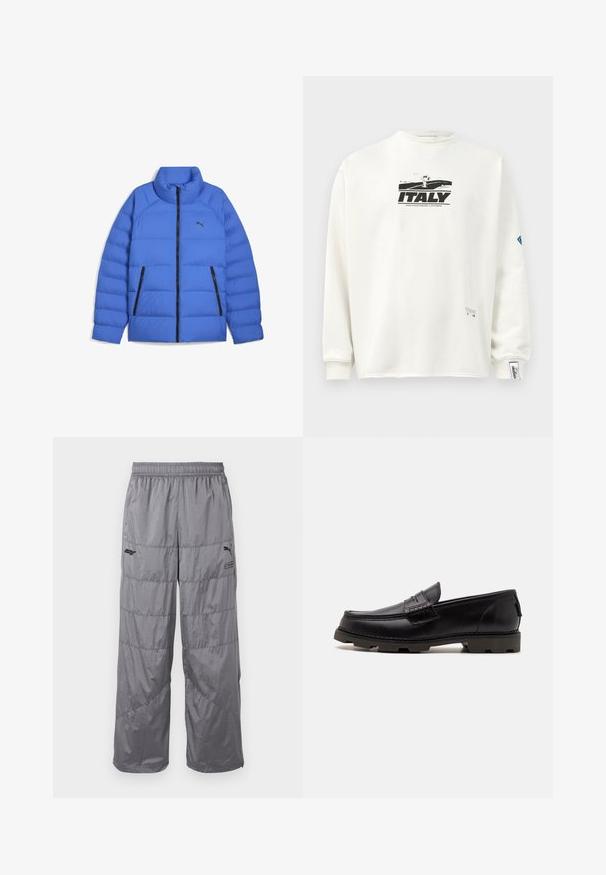 Blaues Daunenjacke mit Stehkragen, schwarzem Reißverschluss, seitlichen Reißverschlusstaschen und Puma-Logo auf der linken Brust.; Weißer Langarm-Sweatshirt mit einem schwarzen Grafikeindruck von "ITALIEN" und einer Figur, aus strukturiertem Stoff und mit gerippten Bündchen.; Graue Pufferhose mit elastischem Bund, ausgestattet mit gesteppten Designlinien und einem kleinen schwarzen Logo am linken Oberschenkel. Leichtes Material.; Schwarze Leder-Loafer mit abgerundetem Zehenbereich, dekorativer Naht und strukturiertem Außensohle für besseren Halt. Leicht erhöhter Absatz.