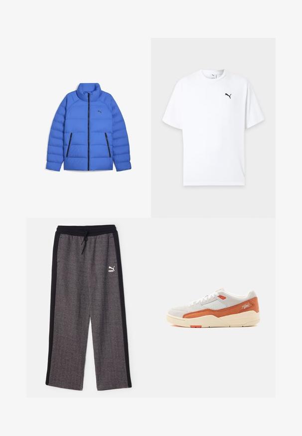 Blaues Daunenjacke mit Stehkragen, schwarzem Reißverschluss, seitlichen Reißverschlusstaschen und Puma-Logo auf der linken Brust.; Weißes T-Shirt mit kurzen Ärmeln und Rundhalsausschnitt mit kleinem schwarzem Puma-Logo auf der linken Brust vor hellem Hintergrund.; Puma RELAXED TRACK PANTS - Jogginghose - black/alpine snow; Low-Top-Sneaker mit weißem Mesh- und Wildlederobermaterial, hellorangen Lederakzenten, cremefarbiger Sohle und dem Schriftzug „Flight“ auf dem Fersenpanel.
