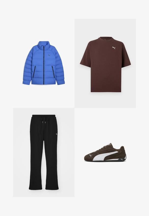 Blauwe pufferjack met opstaande kraag, zwarte ritssluiting, zijzakken met rits en Puma-logo op de linkerborst.; Bruine T-shirt met korte mouwen en ronde hals, met een klein wit Puma-logo op de linkerborst, tegen een witte achtergrond.; Zwarte sweatpants met elastische tailleband en trekkoord, voorzien van zijzakken en een subtiele logo op het linkerpand. Zacht materiaal, uitlopende pasvorm.; Bruine suède sneakers met witte accenten, laag profiel, afgeronde neus en zwarte rubberen zool. Voorzien van veters en logodetails.