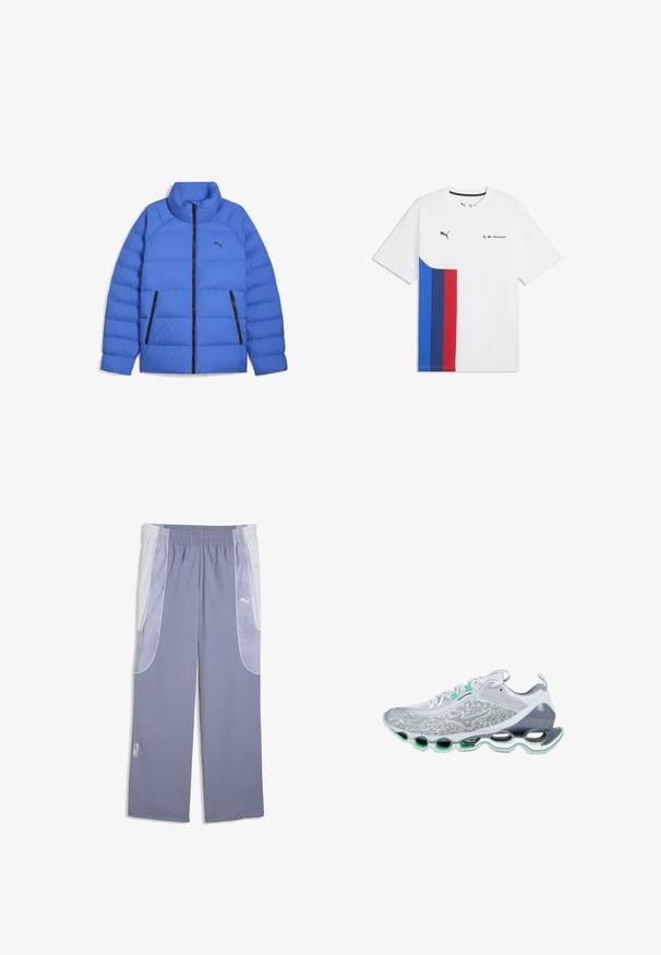 Blå pufferjakke med ståkrave, sort lynlås, sidelommer med lynlås og Puma-logo på venstre bryst.; Hvid Puma Motorsport T-shirt med blå, mørkeblå og røde lodrette striber på venstre side og logoer på brystet.; Lyseblå atletikbukser med hvide mesh-sidestykker, elastisk taljebånd og Puma-logo på højre lommeområde.; Hvid og grå atletiksko med grønne detaljer, snørelukning foran og en unik segmenteret sål designet til stødabsorbering og støtte.