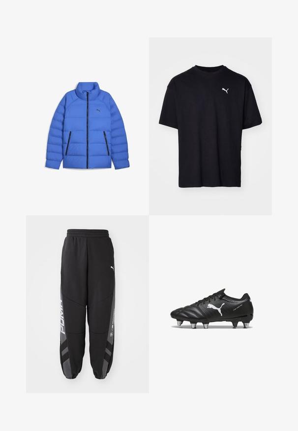 Blauwe pufferjack met opstaande kraag, zwarte ritssluiting, zijzakken met rits en Puma-logo op de linkerborst.; Zwarte katoenen t-shirt met korte mouwen, ronde halslijn en een wit Puma-logo op de bovenste linkerborst. Klassieke pasvorm, soepele textuur.; Zwarte joggers van zacht materiaal. Kenmerken zijn een elastische tailleband, taps toelopende pijpen, grijze accenten en witte logo's op de zijkanten.; Zwarte voetbalschoenen van gestructureerd materiaal, met een wit Puma-logo, vetersluiting en metalen noppen voor grip. Het ontwerp benadrukt prestaties en ondersteuning.