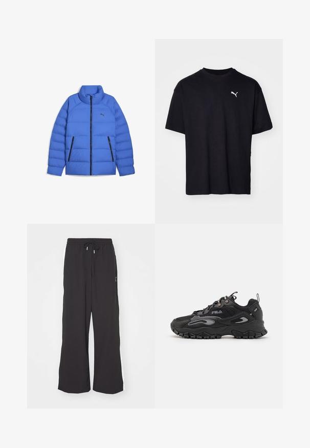 Blå pufferjakke med ståkrave, sort lynlås, sidelommer med lynlås og Puma-logo på venstre bryst.; Sort bomulds T-shirt med korte ærmer, rund halsudskæring og et hvidt Puma-logo på den øverste venstre bryst. Klassisk pasform, glat tekstur.; Sorte sweatpants med vid benvidde, elastisk talje og snor. Har hvide sidestriber og to sidelommer. Glat overflade.; Sort sneaker med en overdel i mesh og syntetisk materiale, gummisål, afrundet tå og refleksdetaljer på siderne og snørebåndene.