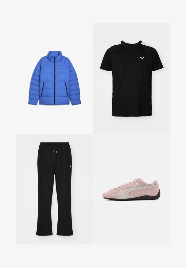 Blaues Daunenjacke mit Stehkragen, schwarzem Reißverschluss, seitlichen Reißverschlusstaschen und Puma-Logo auf der linken Brust.; Schwarzes Kurzarm-T-Shirt mit weißen Akzentstreifen auf den Schultern, runden Halsausschnitt und kleinem weißen Logo auf der linken Brust. Weicher Stoff, klassische Passform.; Schwarze Jogginghosen mit elastischem Bund und Kordelzug, ausgestattet mit Seitentaschen und einem dezenten Logo am linken Bein. Weicher Stoff, schmal zulaufende Form.; Rosa Wildledersneaker mit grauen Akzenten, stromlinienförmigem Design, strukturiertem Obermaterial und schwarzer Gummisohle. Mit dem Puma-Logo an der Seite.