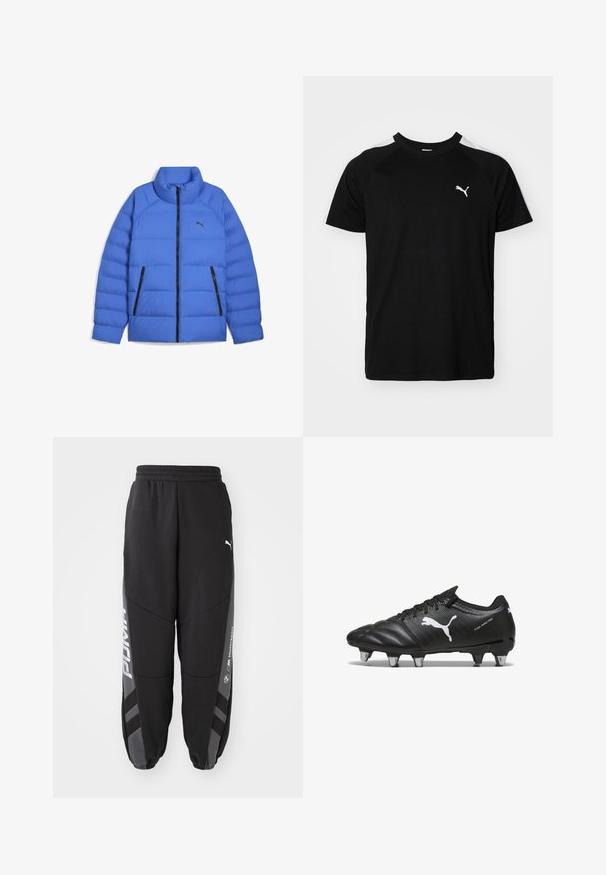 Sininen puffatakki, jossa on pystysuora kaulus, musta vetoketjusulku, sivuvetoketjulliset taskut ja Puma-logo vasemmassa rinnassa.; Musta lyhythihainen t-paita, jossa on valkoiset korostusraidat hartioilla, pyöreä pääntie ja pieni valkoinen logo vasemmassa rinnassa. Pehmeä kangas, klassinen malli.; Musta juoksuhousut, jotka on valmistettu pehmeästä materiaalista. Ominaisuuksina joustava vyötärö, kapenevat lahkeet, harmaat yksityiskohdat ja valkoiset logot sivuilla.; Mustat jalkapallokengät, joissa on teksturoitu materiaali, valkoinen Puma-logo, nauhakiristys ja metalliset piikit pidon parantamiseksi. Suunnittelussa korostuvat suorituskyky ja tuki.