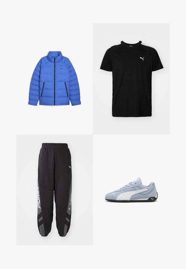 Blaues Daunenjacke mit Stehkragen, schwarzem Reißverschluss, seitlichen Reißverschlusstaschen und Puma-Logo auf der linken Brust.; Schwarzes Kurzarm-T-Shirt mit weißen Akzentstreifen auf den Schultern, runden Halsausschnitt und kleinem weißen Logo auf der linken Brust. Weicher Stoff, klassische Passform.; Schwarze Jogginghosen aus weichem Material. Mit elastischem Bund, schmal zulaufenden Beinen, grauen Akzenten und weißen Logos an den Seiten.; Hellblauer Wildleder-Sneaker mit weißen Akzenten, perforierter Textur und schwarzer Gummisohle. Verfügt über Schnürsenkel und ein seitliches Logo.