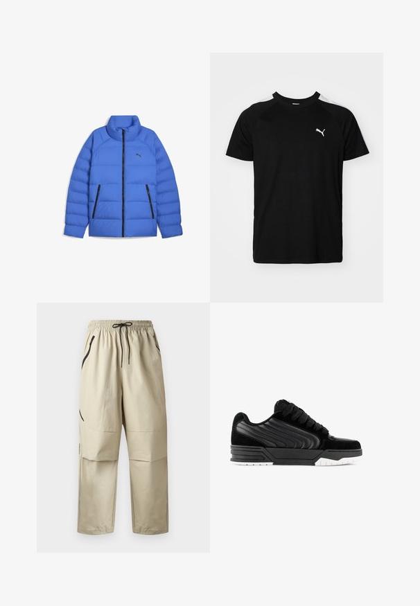 Blaues Daunenjacke mit Stehkragen, schwarzem Reißverschluss, seitlichen Reißverschlusstaschen und Puma-Logo auf der linken Brust.; Schwarzes Kurzarm-T-Shirt mit weißen Akzentstreifen auf den Schultern, runden Halsausschnitt und kleinem weißen Logo auf der linken Brust. Weicher Stoff, klassische Passform.; Beige leichte Hose mit elastischem Bund, schwarzem Kordelzug und Reißverschlusstaschen an den Seiten, frontseitig auf einfarbigem Hintergrund dargestellt.; Schwarze Sneaker mit einem Obermaterial aus Wildleder und synthetischem Leder, strukturierten Seitenpanelen, dicken schwarzen Schnürsenkeln und einer weißen Gummisohle.