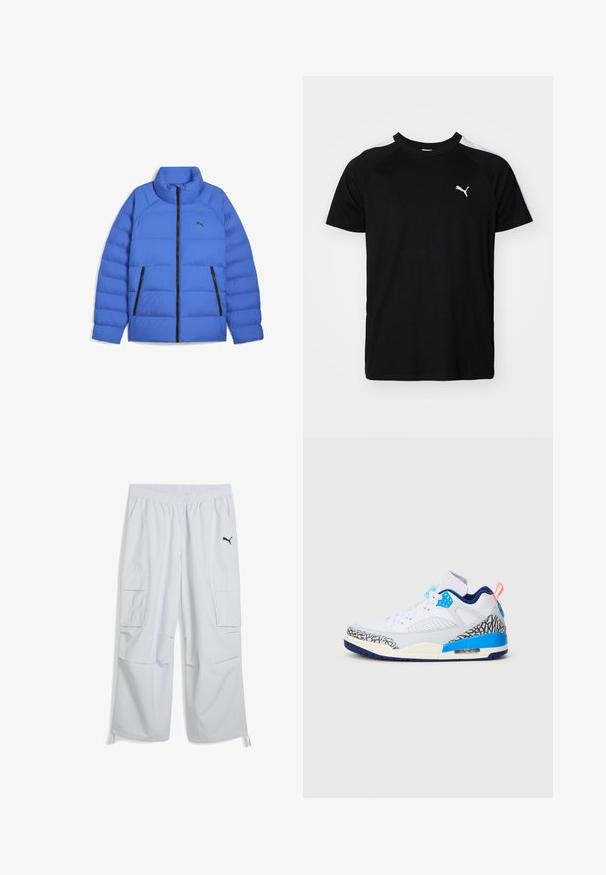 Blå pufferjakke med ståkrave, sort lynlås, sidelommer med lynlås og Puma-logo på venstre bryst.; Sort kortærmet t-shirt med hvide accentstriber på skuldrene, rund halsudskæring og lille hvidt logo på venstre bryst. Blødt stof, klassisk pasform.; Lys grå cargo bukser med elastisk talje, to sidelommer og et sort logo på venstre ben; lavet af et let materiale.; Hvide sneakers med blå accenter, grå elefantmønster detaljer, mesh-stof og en synlig luftenhed i sålen. Har et snørre-design.