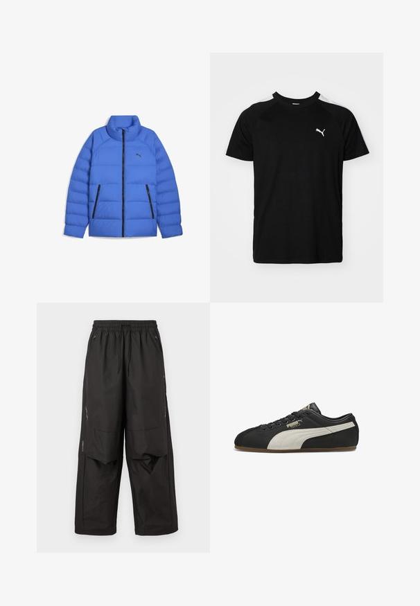 Blauwe pufferjack met opstaande kraag, zwarte ritssluiting, zijzakken met rits en Puma-logo op de linkerborst.; Zwarte t-shirt met korte mouwen, voorzien van witte accenten op de schouders, een ronde halslijn en een klein wit logo op de linkerborst. Zacht materiaal, klassieke pasvorm.; Zwarte losvallende broek met elastische tailleband, voorzakken met rits, kniepaneeltjes en subtiele reflecterende details aan de zijkanten.; Zwarte lage Puma sneaker met beige zijstreep, zwarte veters en een gumzool, linksbuiten aanzicht met "Puma Tackle" branding.