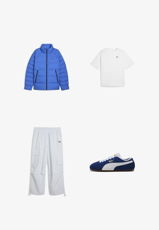 Blå pufferjakke med ståkrave, sort lynlås, sidelommer med lynlås og Puma-logo på venstre bryst.; Hvid bomulds t-shirt med korte ærmer, rund halsudskæring og et lille sort Puma-logo på venstre bryst. Glat tekstur.; Lys grå cargo bukser med elastisk talje, to sidelommer og et sort logo på venstre ben; lavet af et let materiale.; Blå ruskind Puma-sneaker med hvid stribe, hvide snørebånd og guld Puma-logo på siden og tungen, set fra siden.