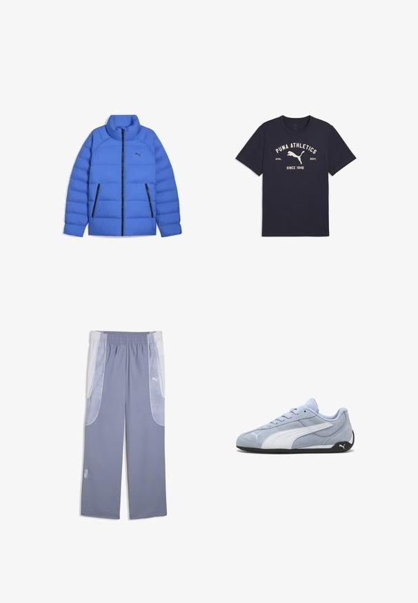 Blauwe pufferjack met opstaande kraag, zwarte ritssluiting, zijzakken met rits en Puma-logo op de linkerborst.; Navyblauw katoenen T-shirt met korte mouwen, ronde hals en een voorkant met een afbeelding van "PUMA ATHLETICS" en een springende poema.; Lichtblauwe sportbroek met witte mesh zijpanelen, elastische tailleband en Puma-logo bij het rechterzakgebied.; Lichtblauwe suède sneaker met witte accenten, geperforeerde structuur en zwarte rubberen zool. Voorzien van veters en een logo aan de zijkant.